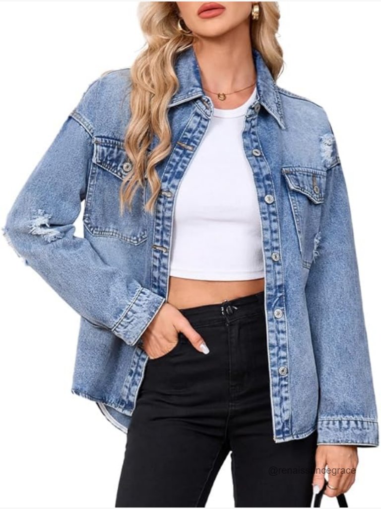 Oversized Distressed Denim Jacket Long Sleeve Loose Fit Cotton Casual